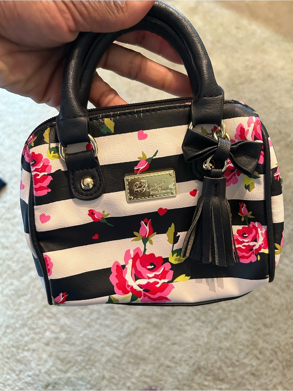Betsey Johnson Black & White Striped Mini Satchel with Pink Floral Print